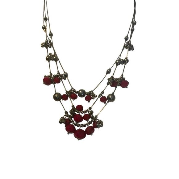 Red Beaded Silver Tone Multi Strand Necklace - Picture 4 of 11